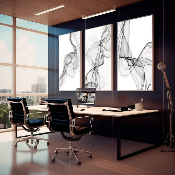 Quadro Decorativo: Elegância Abstrata Preto e Branco - quadros decorativos 1 Tela Vertical, 3 Telas - em sala moderna