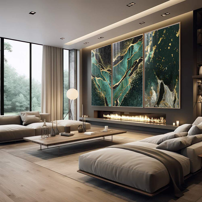 Quadro Decorativo: Luxo Verde & Ouro - Exclusividade e Arte - quadros decorativos para sala 1 Tela Vertical, 3 Telas - em living room premium
