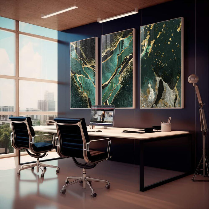 Quadro Decorativo: Luxo Verde & Ouro - Exclusividade e Arte - quadros decorativos para sala 1 Tela Vertical, 3 Telas - em quarto contemporaneo