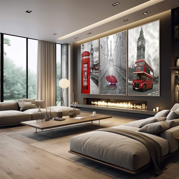 Quadro Decorativo: Magia de Londres em Cores Vibrantes - quadros decorativos 1 Tela Vertical, 3 Telas - em escritorio elegante