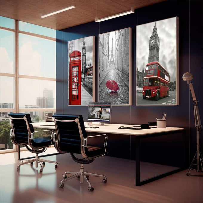 Quadro Decorativo: Magia de Londres em Cores Vibrantes - quadros decorativos 1 Tela Vertical, 3 Telas - em sala moderna