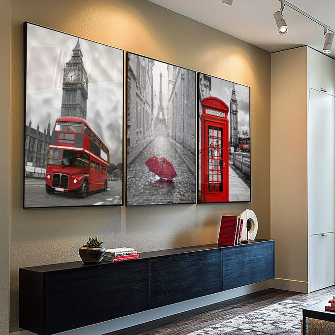 Quadro Decorativo: Magia de Londres em Cores Vibrantes - quadros decorativos para sala 1 Tela Vertical, 3 Telas - em ambiente decorado