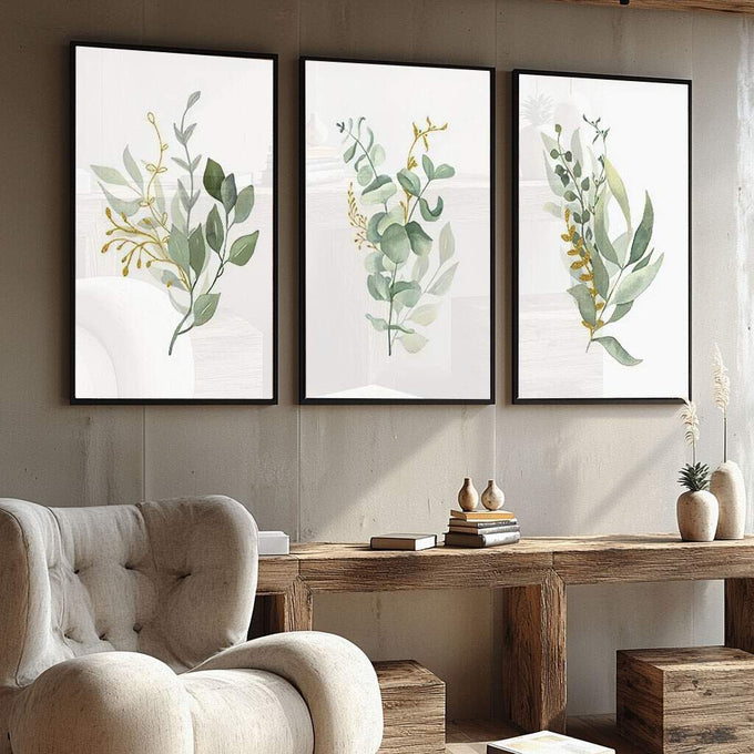 Quadro Decorativo Folhas de Eucalipto: Inspire-se na Natureza - quadros decorativos para sala 1 Tela Vertical, 3 Telas - em ambiente decorado