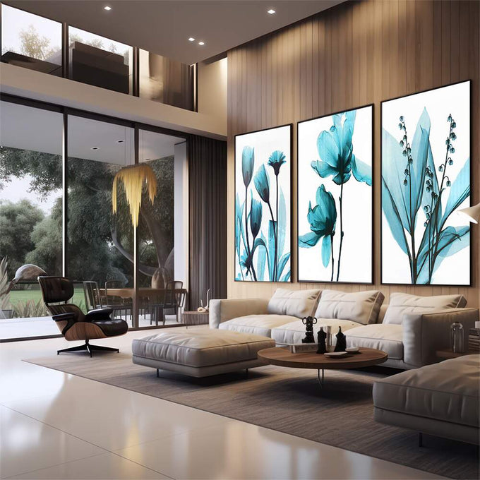 Quadro Decorativo Flores Azuis: Arte Suave que Encanta - quadros decorativos para sala 1 Tela Vertical, 3 Telas - em quarto contemporaneo