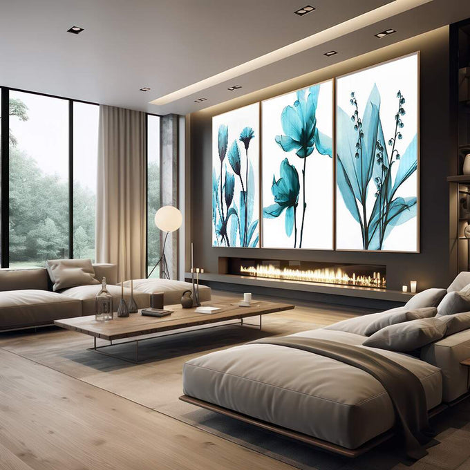 Quadro Decorativo Flores Azuis: Arte Suave que Encanta - quadros decorativos 1 Tela Vertical, 3 Telas - em escritorio elegante