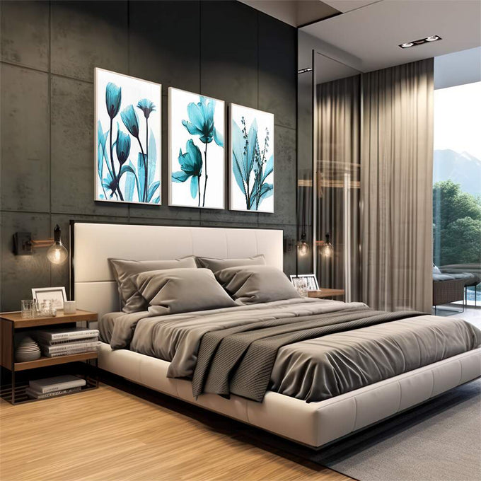 Quadro Decorativo Flores Azuis: Arte Suave que Encanta - quadros decorativos para sala 1 Tela Vertical, 3 Telas - em living room premium
