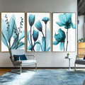 Quadro Decorativo Flores Azuis: Arte Suave que Encanta - quadros decorativos para sala 1 Tela Vertical, 3 Telas - em ambiente decorado