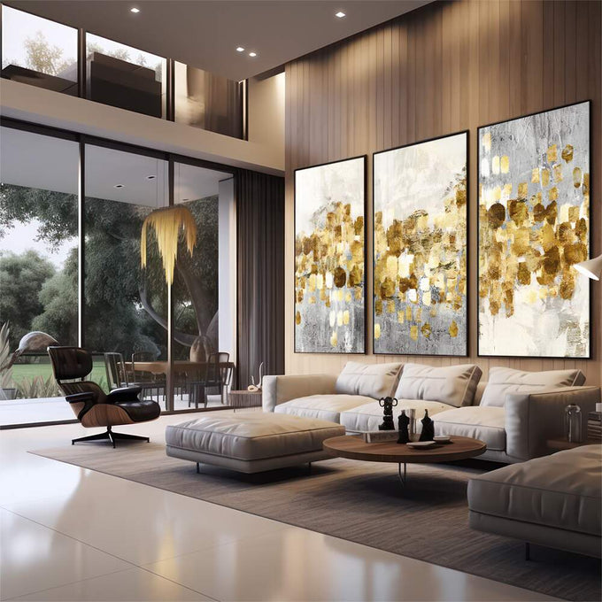 Quadro Decorativo: Fusão de Ouro e Branco, Toque Minimalista - quadros decorativos para sala 1 Tela Vertical, 3 Telas - em quarto contemporaneo