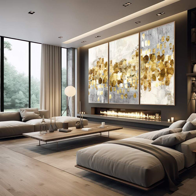 Quadro Decorativo: Fusão de Ouro e Branco, Toque Minimalista - quadros decorativos 1 Tela Vertical, 3 Telas - em escritorio elegante