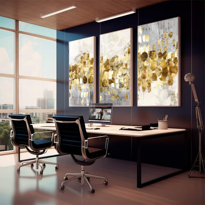 Quadro Decorativo: Fusão de Ouro e Branco, Toque Minimalista - quadros decorativos 1 Tela Vertical, 3 Telas - em sala moderna