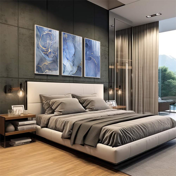 Quadro Decorativo: Oceano de Luxo em Azul e Ouro - quadros decorativos para sala 1 Tela Vertical, 3 Telas - em living room premium