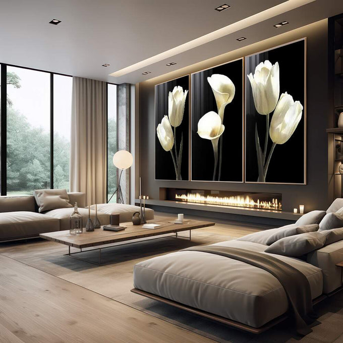 Quadro Decorativo: Elegância Minimalista em Preto e Branco - quadros decorativos para sala 1 Tela Vertical, 3 Telas - em quarto contemporaneo