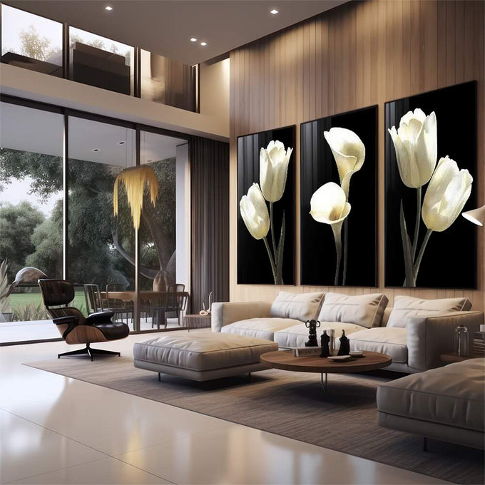 Quadro Decorativo: Elegância Minimalista em Preto e Branco - quadros decorativos 1 Tela Vertical, 3 Telas - em sala moderna