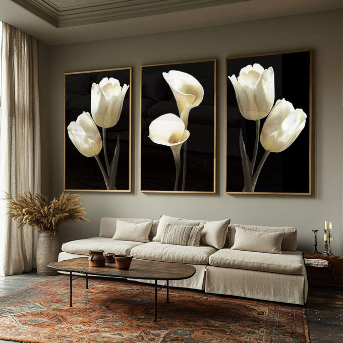 Quadro Decorativo: Elegância Minimalista em Preto e Branco - quadros decorativos para sala 1 Tela Vertical, 3 Telas - em ambiente decorado