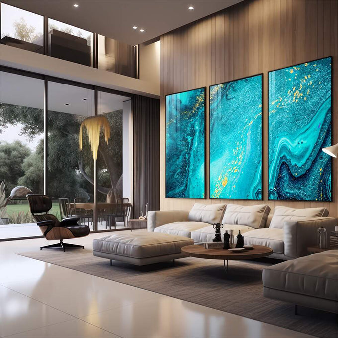 Quadro Decorativo Aquarela Azul: Toque de Sofisticação - quadros decorativos para sala 1 Tela Vertical, 3 Telas - em quarto contemporaneo