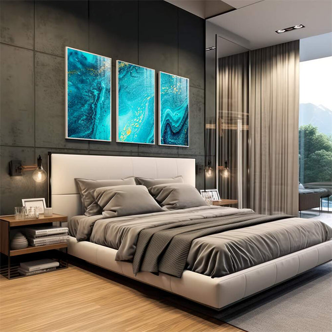 Quadro Decorativo Aquarela Azul: Toque de Sofisticação - quadros decorativos para sala 1 Tela Vertical, 3 Telas - em living room premium