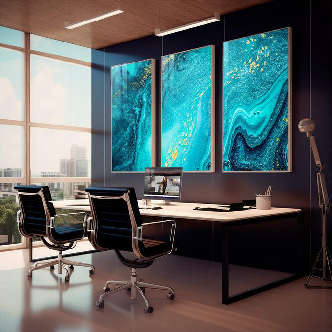 Quadro Decorativo Aquarela Azul: Toque de Sofisticação - quadros decorativos 1 Tela Vertical, 3 Telas - em sala moderna