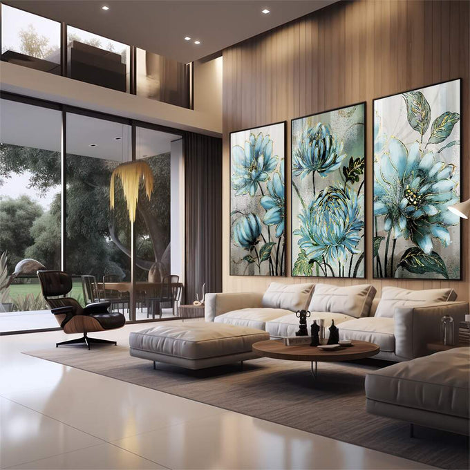 Quadro Decorativo Refrescante Jardim de Flores Azuis - quadros decorativos para sala 1 Tela Vertical, 3 Telas - em quarto contemporaneo