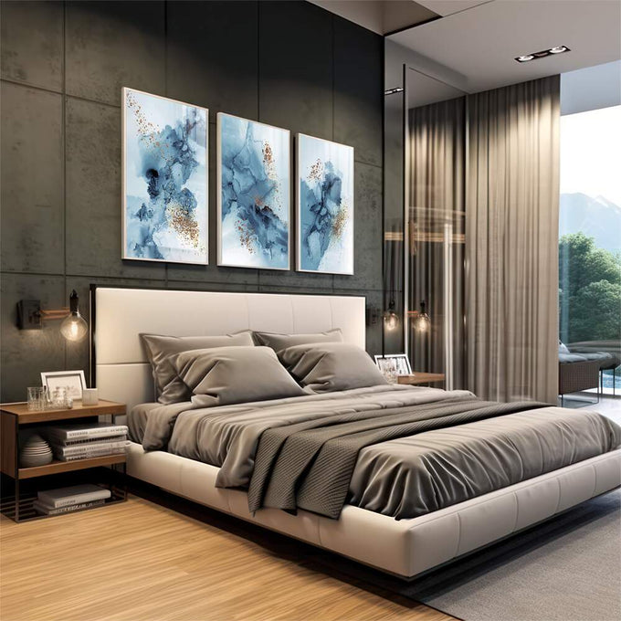 Quadro Decorativo: Elegância Azul e Dourada Única - quadros decorativos para sala 1 Tela Vertical, 3 Telas - em living room premium