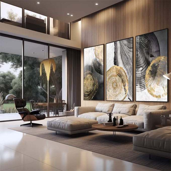 Quadro Decorativo Elegância Abstrata: Luxo em Preto e Ouro - quadros decorativos para sala 1 Tela Vertical, 3 Telas - em quarto contemporaneo