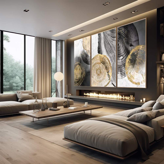 Quadro Decorativo Elegância Abstrata: Luxo em Preto e Ouro - quadros decorativos 1 Tela Vertical, 3 Telas - em escritorio elegante