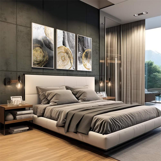 Quadro Decorativo Elegância Abstrata: Luxo em Preto e Ouro - quadros decorativos para sala 1 Tela Vertical, 3 Telas - em living room premium
