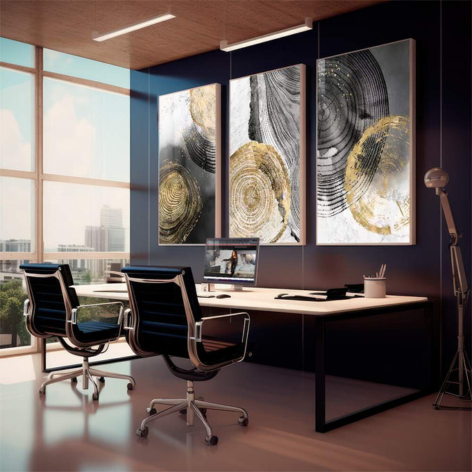 Quadro Decorativo Elegância Abstrata: Luxo em Preto e Ouro - quadros decorativos 1 Tela Vertical, 3 Telas - em sala moderna