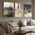 Tríptico abstrato com anéis de árvore em preto, cinza e dourado sobre fundo branco, quadro decorativo