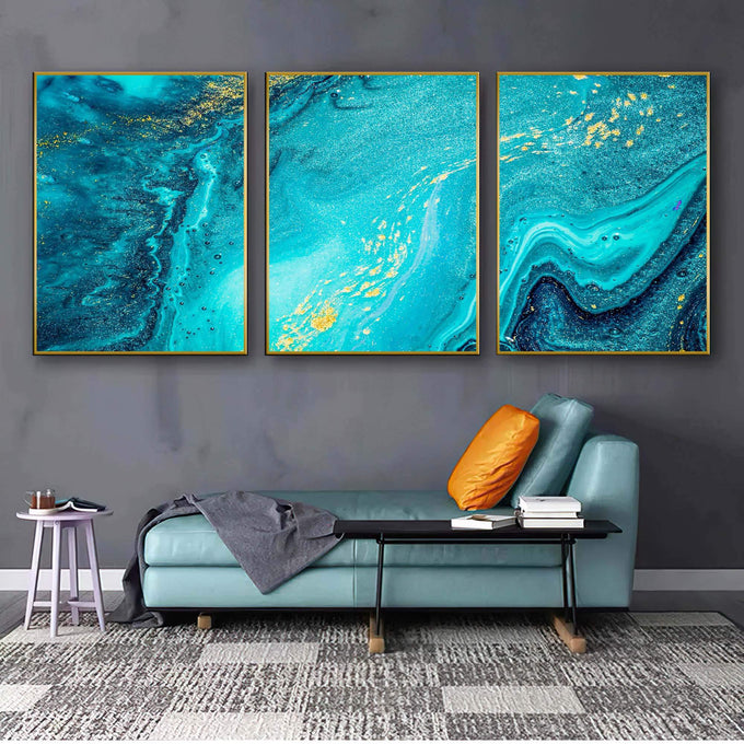 Quadro Decorativo Aquarela Azul: Toque de Sofisticação - quadros decorativos para sala 1 Tela Vertical, 3 Telas - em ambiente decorado