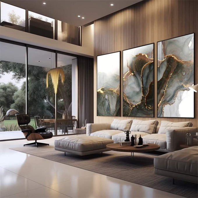 Quadro Decorativo Abstração Preto & Dourado - Luxo Moderno - quadros decorativos para sala 1 Tela Vertical, 3 Telas - em quarto contemporaneo