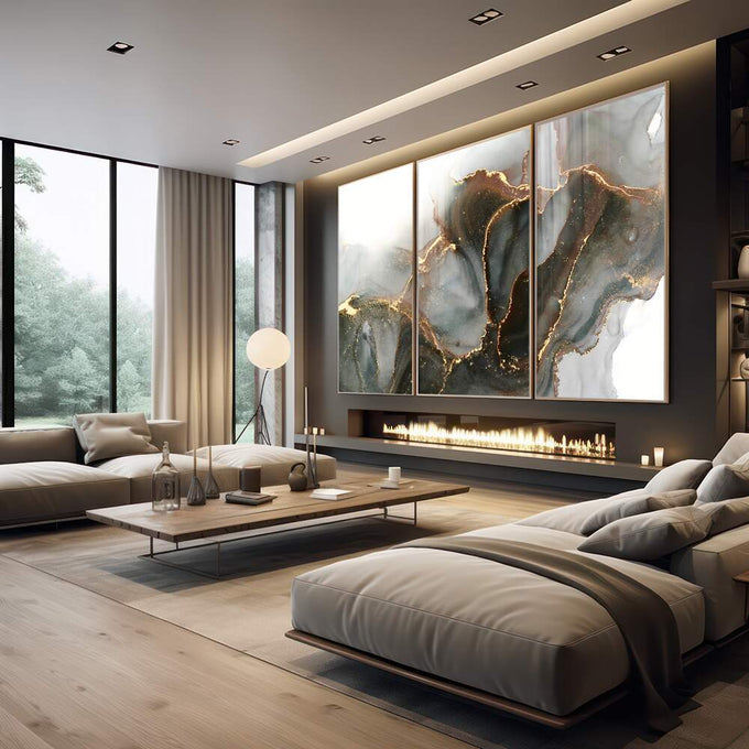 Quadro Decorativo Abstração Preto & Dourado - Luxo Moderno - quadros decorativos 1 Tela Vertical, 3 Telas - em escritorio elegante