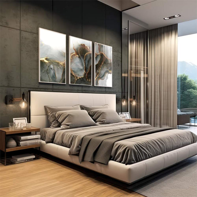 Quadro Decorativo Abstração Preto & Dourado - Luxo Moderno - quadros decorativos para sala 1 Tela Vertical, 3 Telas - em living room premium