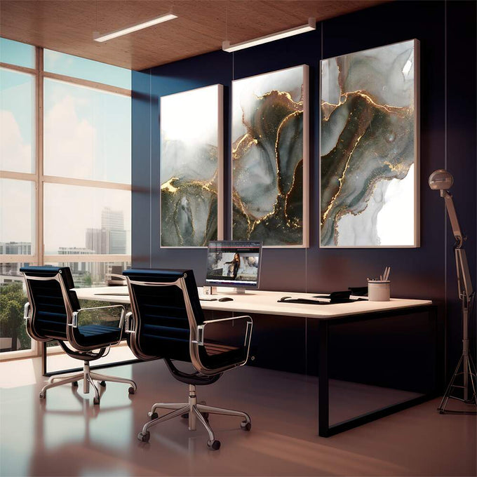 Quadro Decorativo Abstração Preto & Dourado - Luxo Moderno - quadros decorativos 1 Tela Vertical, 3 Telas - em sala moderna