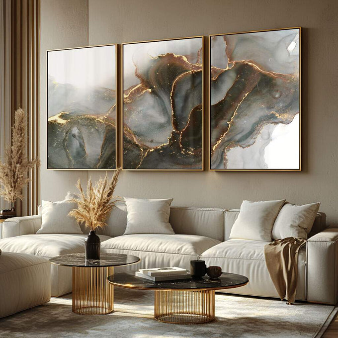 Quadro Decorativo Abstração Preto & Dourado - Luxo Moderno - quadros decorativos para sala 1 Tela Vertical, 3 Telas - em ambiente decorado