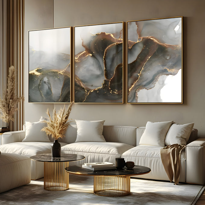 Tríptico abstrato marmorizado em cinza e verde escuro com veios cobre e dourados, quadro decorativo