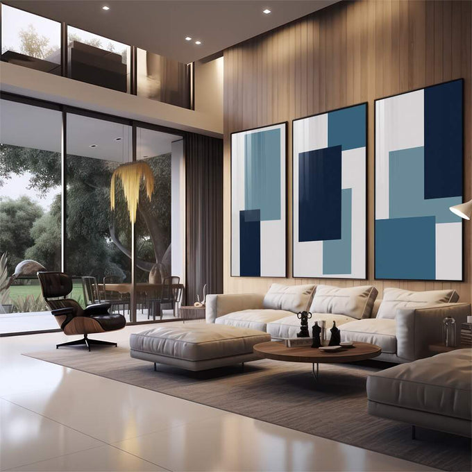 Quadro Decorativo: Harmonia Azul e Cinza, Inspira Modernidade - quadros decorativos para sala 1 Tela Vertical, 3 Telas - em quarto contemporaneo