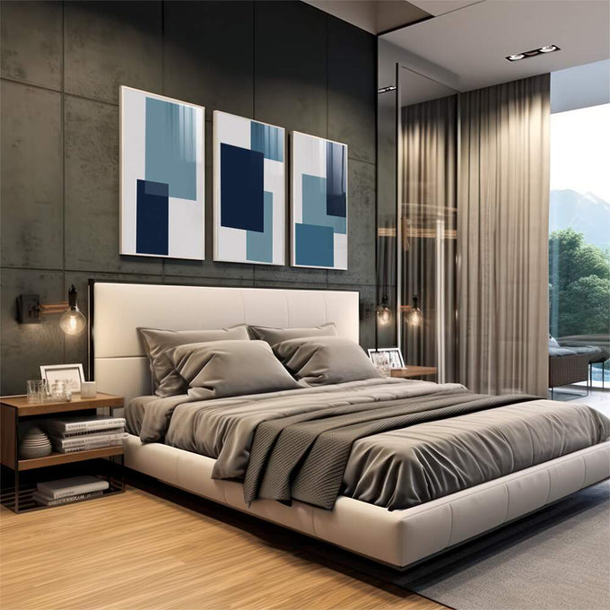 Quadro Decorativo: Harmonia Azul e Cinza, Inspira Modernidade - quadros decorativos para sala 1 Tela Vertical, 3 Telas - em living room premium