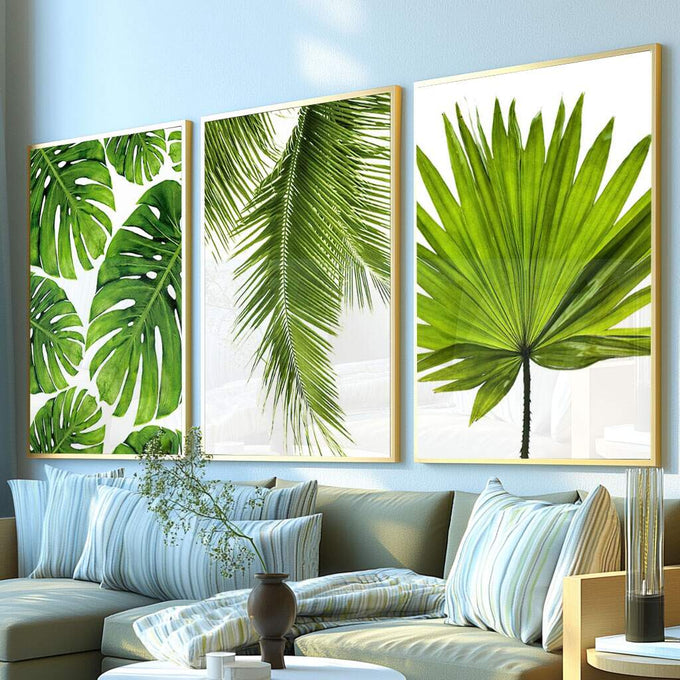 Quadro Decorativo Exuberância Verde: Renove Seu Ambiente - quadros decorativos para sala 1 Tela Vertical, 3 Telas - em ambiente decorado