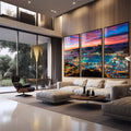 Quadro Decorativo: Anoitecer Magnífico no Rio - quadros decorativos 1 Tela Vertical, 3 Telas - em sala moderna