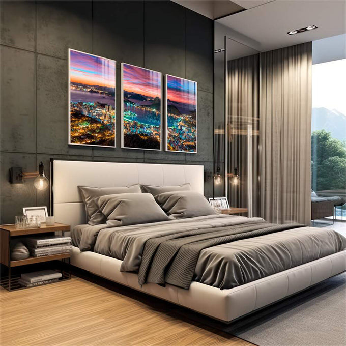 Quadro Decorativo: Anoitecer Magnífico no Rio - quadros decorativos 1 Tela Vertical, 3 Telas - em escritorio elegante