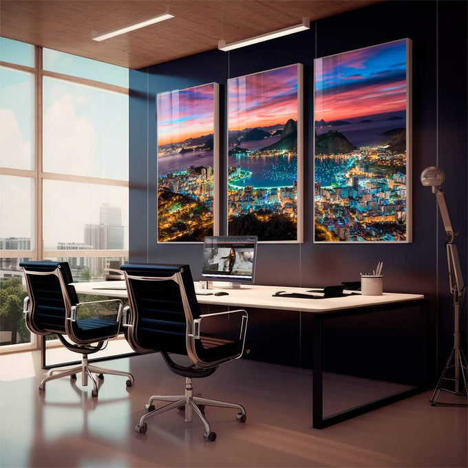 Quadro Decorativo: Anoitecer Magnífico no Rio - quadros decorativos para sala 1 Tela Vertical, 3 Telas - em living room premium