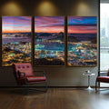 Quadro Decorativo: Anoitecer Magnífico no Rio - quadros decorativos para sala 1 Tela Vertical, 3 Telas - em ambiente decorado