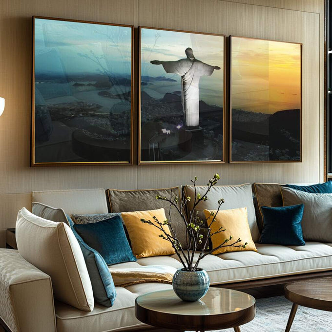 Quadro Decorativo: Vista Inspiradora do Rio de Janeiro - quadros decorativos para sala 1 Tela Vertical, 3 Telas - em ambiente decorado