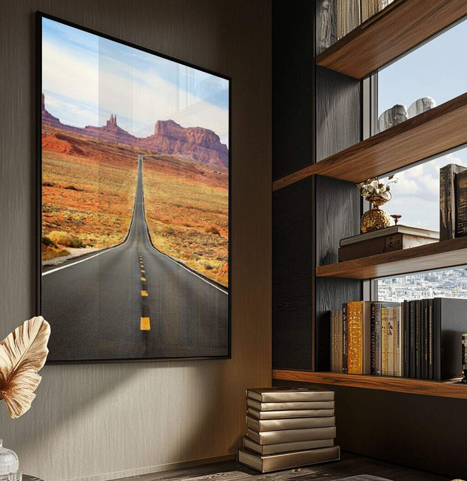 Quadro Decorativo Estrada para o Infinito: Revele Seu Caminho - quadros decorativos para sala 1 Tela Vertical, 3 Telas - em ambiente decorado