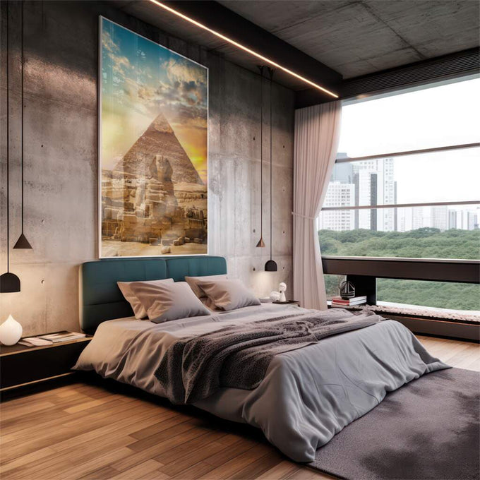 Quadro Decorativo: Esfinge e Pirâmides - Toque Mágico - quadros decorativos 1 Tela Vertical, 3 Telas - em escritorio elegante
