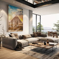 Quadro Decorativo: Esfinge e Pirâmides - Toque Mágico - quadros decorativos para sala 1 Tela Vertical, 3 Telas - em living room premium
