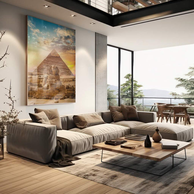 Quadro Decorativo: Esfinge e Pirâmides - Toque Mágico - quadros decorativos para sala 1 Tela Vertical, 3 Telas - em living room premium