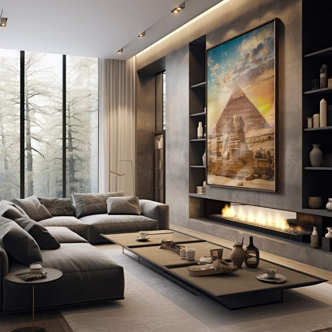 Quadro Decorativo: Esfinge e Pirâmides - Toque Mágico - quadros decorativos 1 Tela Vertical, 3 Telas - em sala moderna