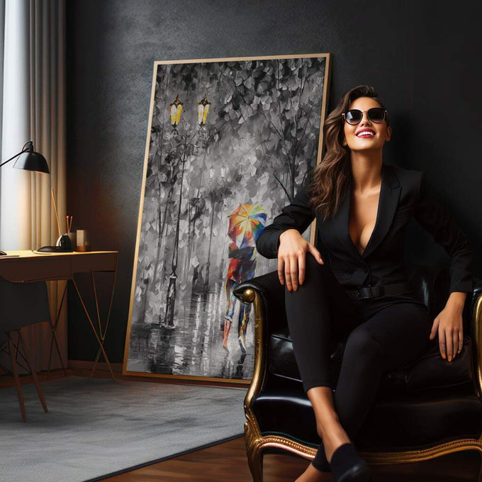 Quadro Decorativo: Íntimo Momento de Amor na Chuva - quadros decorativos para sala 1 Tela Vertical, 3 Telas - em quarto contemporaneo