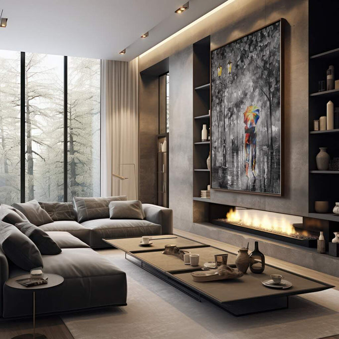 Quadro Decorativo: Íntimo Momento de Amor na Chuva - quadros decorativos 1 Tela Vertical, 3 Telas - em sala moderna